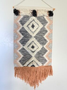 Woven Geometric Wall Hanging in Cream, Black, Light Blue, and Peach